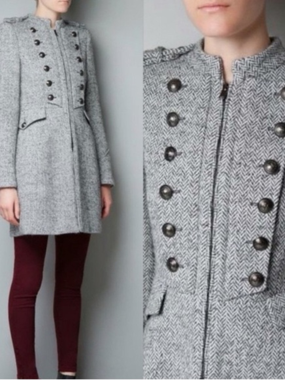 Zara Gray Herringbone Military-Style Pea Coat